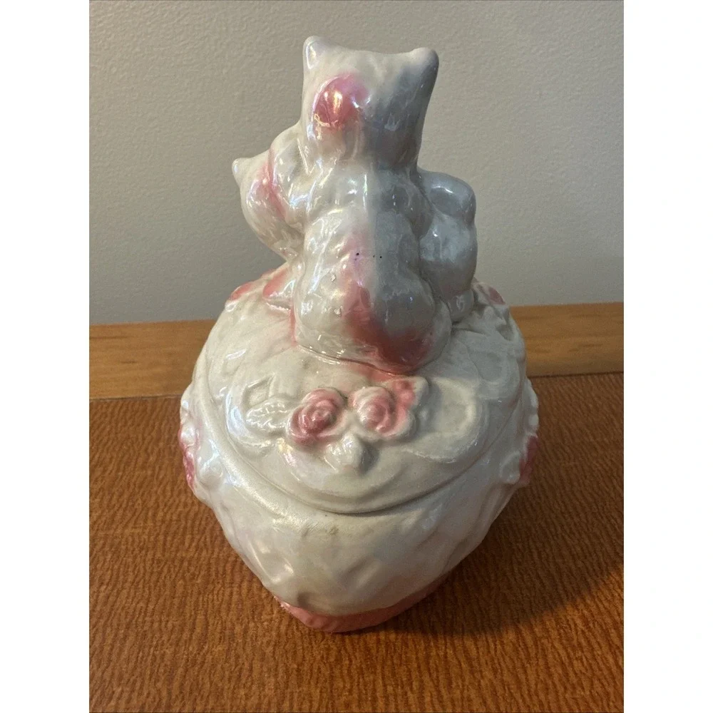 Vtg Lusterware Pink White Cat Kitten Heart Shaped Trinket Vanity Box Valentine's